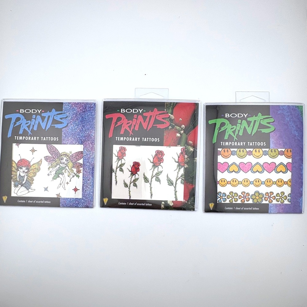 Vintage 2001 Body Prints Temporary Tattoos 3 Pack Fairies Roses Smiley Y2K Retro
